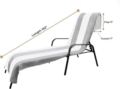Superior Cabana Cotton Lounge Chair Cover, Outdoor Towel, Terry Cloth, Beach, Spa, Swim Accessories, Pool Chair Cover, Soft, Quick Drying, 32" x 102", Set of 2, Light Grey