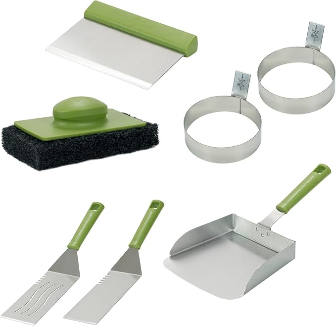 Little Griddle 7-Piece Grill Set, Scrubber, Griddle Scoop, Egg Rings, Scraper, & Spatula Set Toolkit