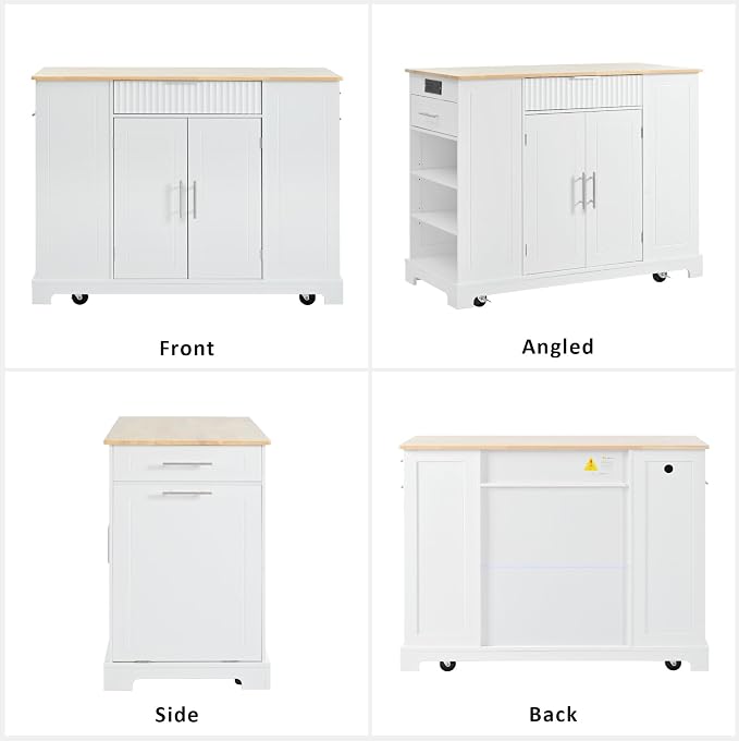Ball & Cast Fluted Kitchen Island with Trash Can Storage Cabinet,Power Outlet,Internal Storage Rack,Rolling Kitchen Islands On 5 Wheels W/ 3 Drawer & 3 Open Side Racks for 10 Gallon Garbage Bin,White