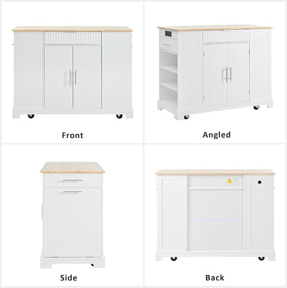Ball & Cast Fluted Kitchen Island with Trash Can Storage Cabinet,Power Outlet,Internal Storage Rack,Rolling Kitchen Islands On 5 Wheels W/ 3 Drawer & 3 Open Side Racks for 10 Gallon Garbage Bin,White