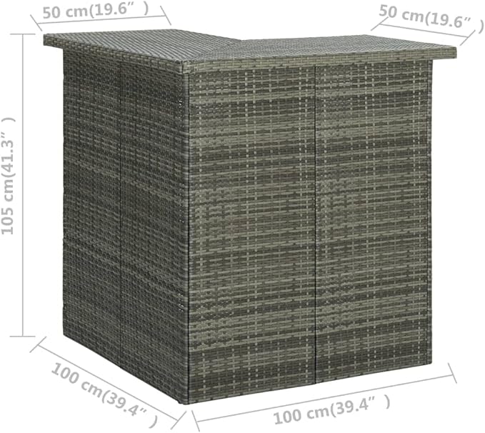 Corner Bar Table with 3 Shelves, 19.7x39.4x41.3 Inch Modern Gray PE Rattan and Steel Kitchen Island Table for Indoor Outdoor Dining Room