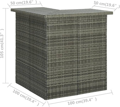 Corner Bar Table with 3 Shelves, 19.7x39.4x41.3 Inch Modern Gray PE Rattan and Steel Kitchen Island Table for Indoor Outdoor Dining Room
