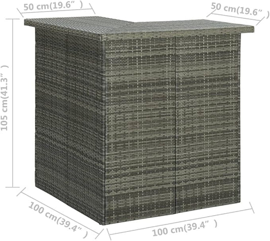 Corner Bar Table with 3 Shelves, 19.7x39.4x41.3 Inch Modern Gray PE Rattan and Steel Kitchen Island Table for Indoor Outdoor Dining Room