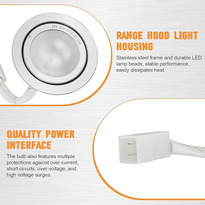 2-Piece AC 12V Cooker Range Hood Light for 60mm/2.5inch Hole Stove Hood Smoke Vent Light DJ612 Connector