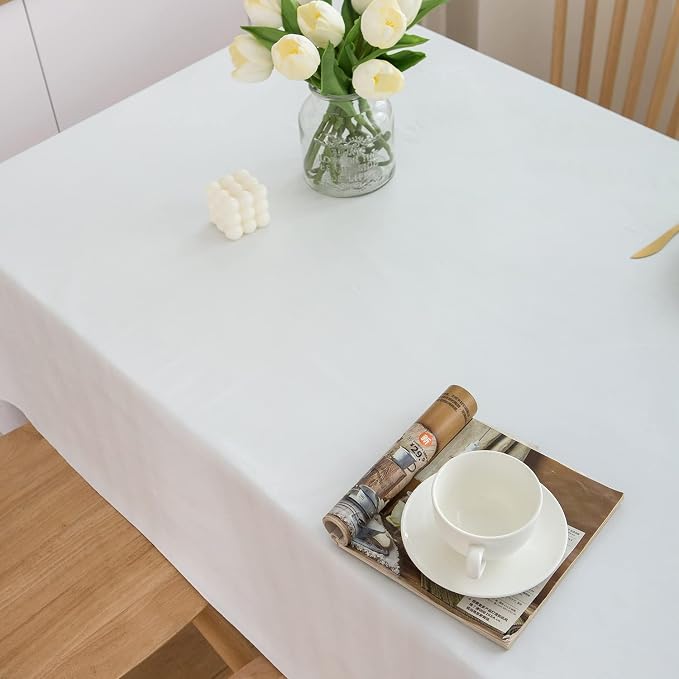 LIBERECOO Vinyl Tablecloth with Flannel Backing, Solid White, Waterproof, Stain-Resistant, Easy-Clean Table Cover for Dining, Kitchen, and Outdoor Use, 60" x 102" Rectangle