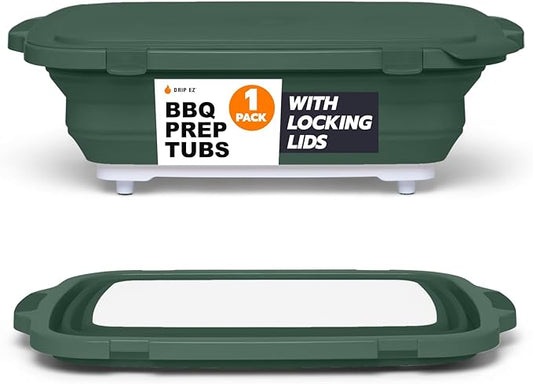 Drip EZ Collapsible BBQ Prep Tub - for Meal Prep Marinating Food Storage - Includes Cutting Board & Locking Lid - (1) XL - Green