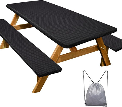 Picnic Table Cover Bench Covers Camping Essentials Tablecloth | Waterproof Vinyl for Outdoor, Windproof Elastic Fitted Edges, RV BBQ Accessories Must Haves, Storage Bag Included