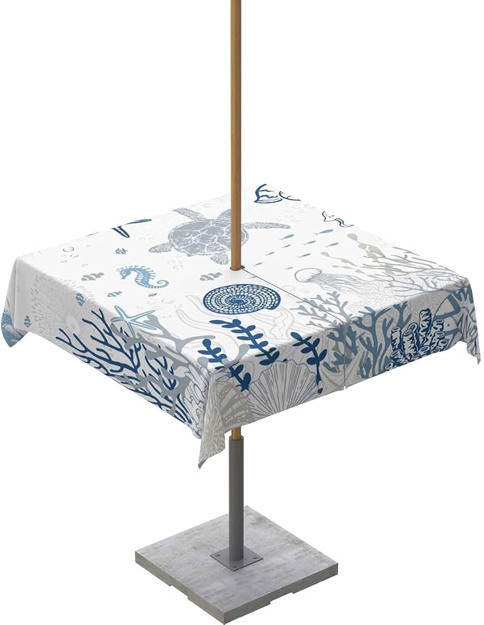 Blue Coastal Outdoor Tablecloth - 60x60 Inch Square Waterproof Dining Table Cover, Nautical Summer Beach Sea Turtle Coral Outdoor Table Cloth with Umbrella Hole & Zipper for Picnic/Patio