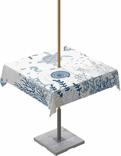 Blue Coastal Outdoor Tablecloth - 60x60 Inch Square Waterproof Dining Table Cover, Nautical Summer Beach Sea Turtle Coral Outdoor Table Cloth with Umbrella Hole & Zipper for Picnic/Patio