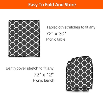 6ft 72in Picnic Table and Bench Cover, 3 Pack, Black-White Moroccan | Waterproof Windproof, Elastic Fitted Edges Tablecloth, for Rectangle Table & Seat, Camping Essentials RV Gear