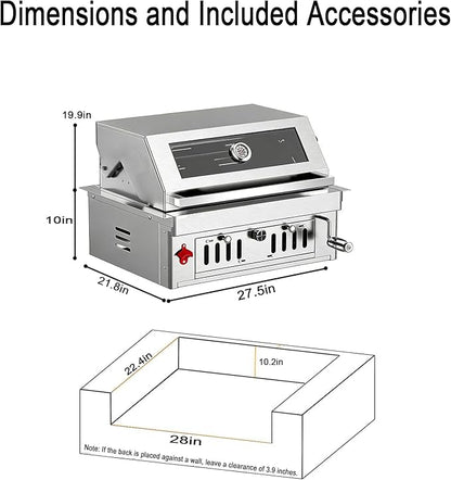 Stainless Steel Built In Grill, Large Charcoal BBQ Grills with Liftable Tray, Visible Insulated Hood & Temp Gauge, 459SQ In Cooking Grid Area for Outdoor Kitchen Cooking Family Parties (Silver)