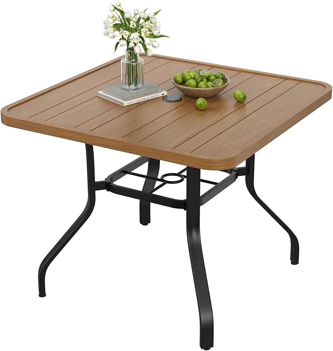 Outdoor Patio Dining Table with 1.57" Umbrella Hole, 35"x35" Wood-Like Texture, All-Weather Metal Frame for Poolside, Deck, Porch