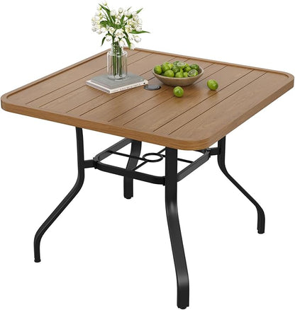 Outdoor Patio Dining Table with 1.57" Umbrella Hole, 35"x35" Wood-Like Texture, All-Weather Metal Frame for Poolside, Deck, Porch