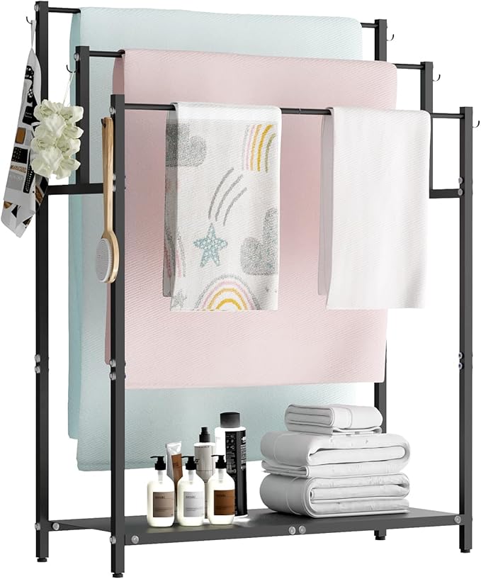Mondazie 44” Free Standing Towel Racks for Bathroom Towel Storage, Black | 3 Tier Oversized Pool Towel Drying Rack Outdoor, Blanket Ladder Holder with Shelf & 6 Hooks for Bedroom Living Room Poolside
