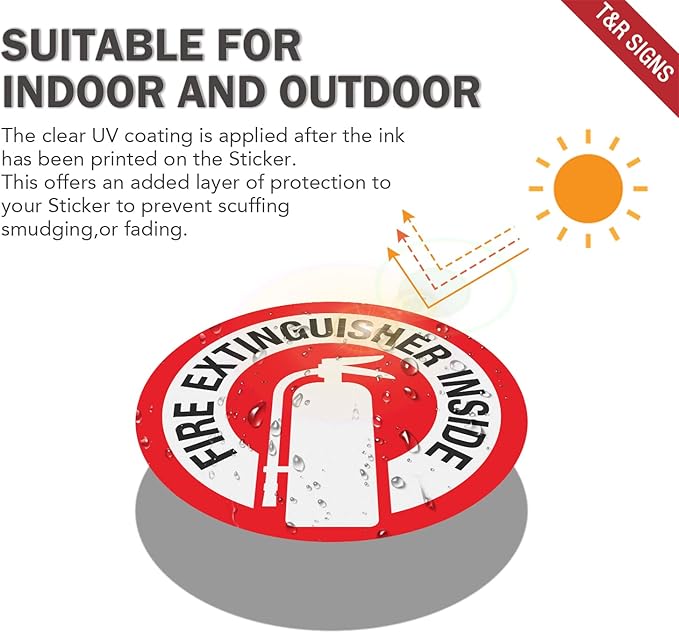 T&R Fire Extinguisher Inside Sign Stickers - 10 Pack - 3" x 3" Self-Adhesive Vinyl Reflective, UV resistant, Waterproof, Fade and Scratch Resistant, Suitable for Vehicles Indoor and Outdoor (RED circle)