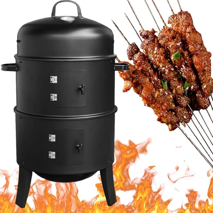 3 in 1 Portable Charcoal Grills, Vertical 20 Inch Steel Charcoal Smoker, Outdoor BBQ Smoker with Dual Cooking Grates & Temperature Control Dampers for Garden Camping Outdoor Cooking and Grilling