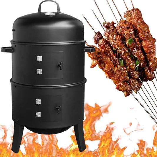 3 in 1 Portable Charcoal Grills, Vertical 20 Inch Steel Charcoal Smoker, Outdoor BBQ Smoker with Dual Cooking Grates & Temperature Control Dampers for Garden Camping Outdoor Cooking and Grilling