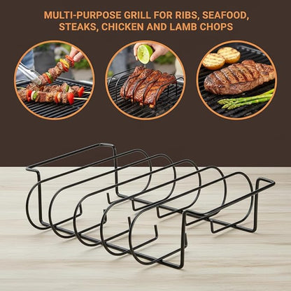 Rib Rack for Smoking and Grilling - 12" Extra Long Stainless Steel BBQ Holder - Non-Stick Vertical Roasting Stand Compatible with Most Gas Charcoal Pellet Smokers - Holds 4 Full Racks