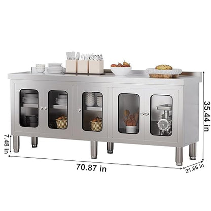 70" Stainless Steel Table Cabinet Heavy Duty Prep Table with 304 Stainless Steel Worktop and 5 Glass Doors Commercial Worktable Workbench with Storage Cabinet for Kitchen Garage Restaurant Outdoor