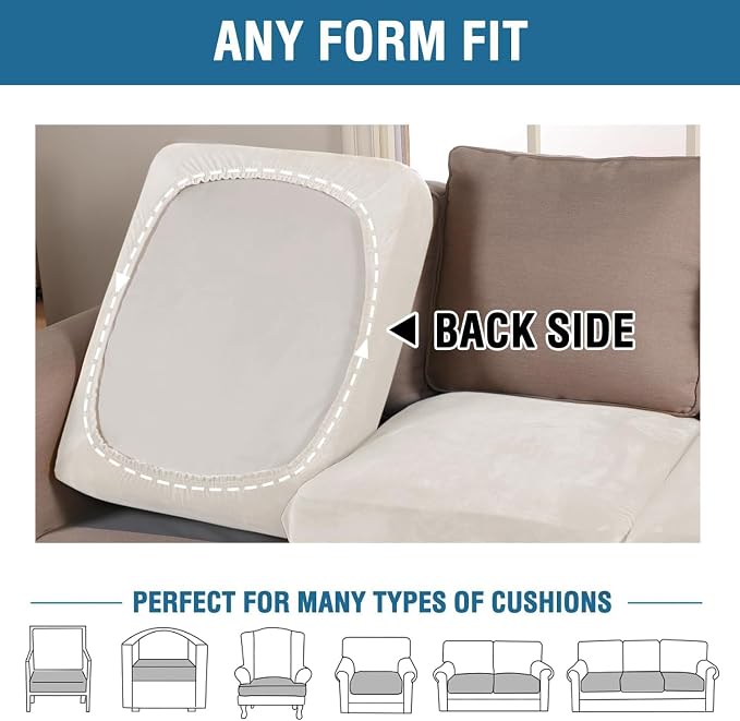 H.VERSAILTEX Velvet Stretch Couch Cushion Cover Plush Cushion Slipcover for Chair Loveseat Sofa Cushion Furniture Protector Seat Cushion Sofa Cover (3 Piece Sofa Cushion Covers, Porcelain White)