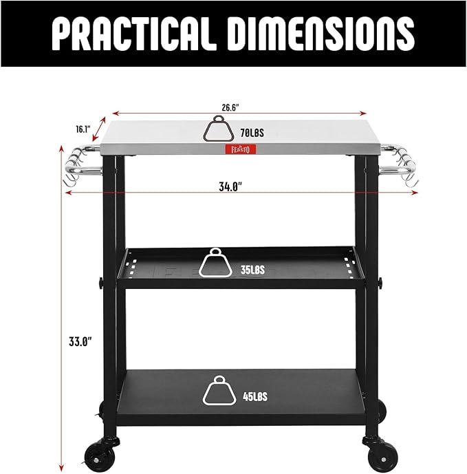 Feasto 3-Tier Outdoor Grill Cart, Rolling Pizza Oven Table with Compact 26.6" x 16.1" Stainless Top for Pizza Ovens & Griddles, Outdoor Bar Cart with S-Hooks for Patio Parties, Deck Dining & Camping