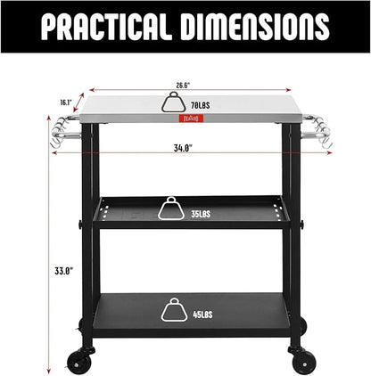 Feasto 3-Tier Outdoor Grill Cart, Rolling Pizza Oven Table with Compact 26.6" x 16.1" Stainless Top for Pizza Ovens & Griddles, Outdoor Bar Cart with S-Hooks for Patio Parties, Deck Dining & Camping