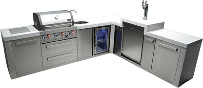 Mont Alpi Premium 120"W x 98"D x 55"H L-shaped Stainless Steel Outdoor Kitchen Island + Refrigerator Faucet & Sink + Kegerator Beer Dispenser + 32"W 4-Burner BBQ Grill + Granite Countertops + Storage