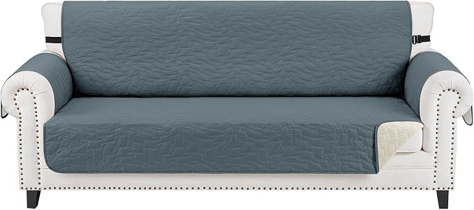 CUCRAF Non Slip Quilted Sofa Cover, Water Resistant Slipcover Furniture Protector for 3 Cushion Sofa Pet Friendly, Washable Couch Cover with Adjustable Elastic Straps (Large, Dark Gray)