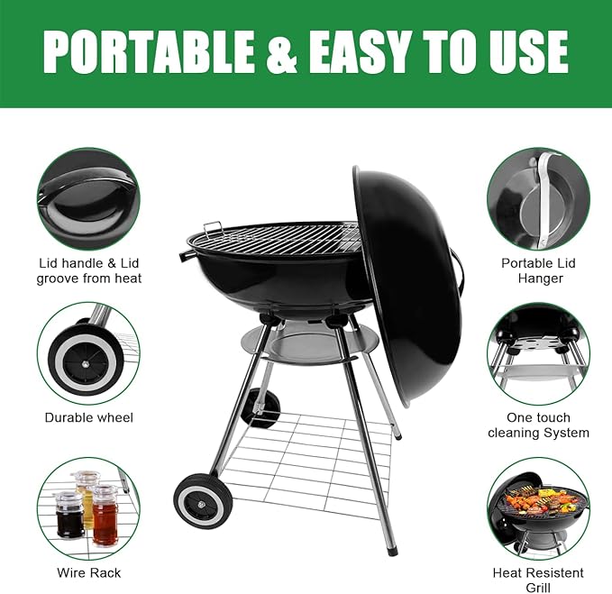 22-Inch Charcoal Kettle Grill with Enamel Lid, Portable Outdoor Grill with Wheels