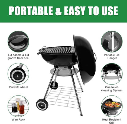 Charcoal Grill, 22 Inch Outdoor Enamel Apple Shape Portable Camping Grill Barbecue Charcoal Bbg Kettle Grill