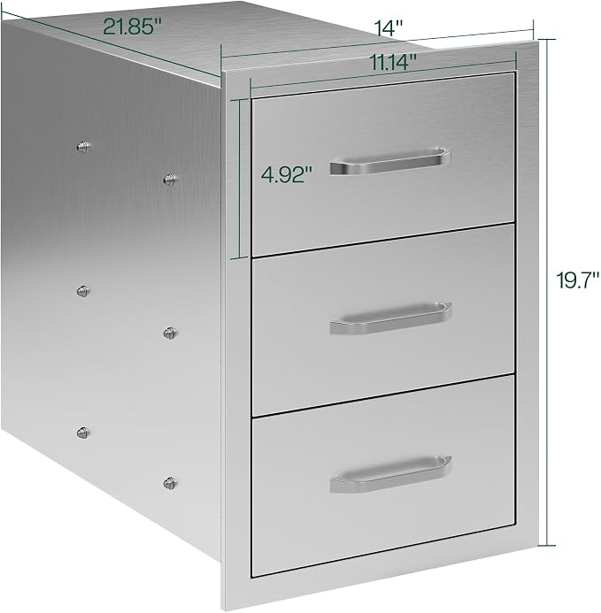 Jocisland 14-Inch Stainless Steel Outdoor Kitchen Drawer Cabinet | 14 W x 22 D x 20 H In, 3-Tier Drawers with Handles and Pull-Out Trays, Built-In BBQ Island Storage