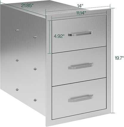 Jocisland 14-Inch Stainless Steel Outdoor Kitchen Drawer Cabinet | 14 W x 22 D x 20 H In, 3-Tier Drawers with Handles and Pull-Out Trays, Built-In BBQ Island Storage