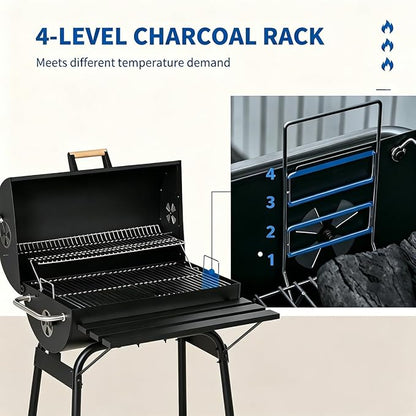 Portable Charcoal Grill with Foldable Side Shelf & Bottom Shelf, BBQ Smoker with Wheels and Adjustable Lid Vents for Picnic, Camping, Backyard Cooking (32.25" x 30" x 40.5")