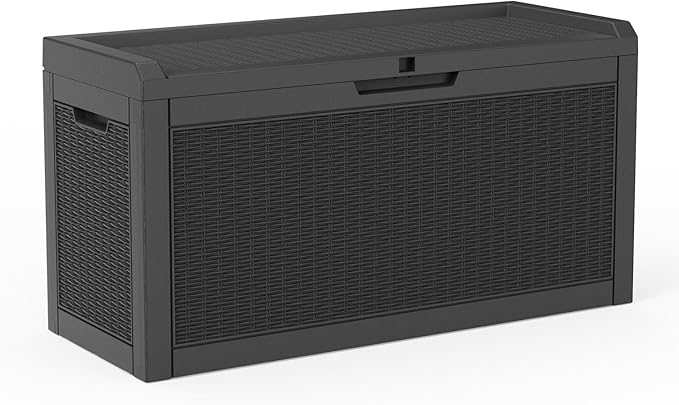 Pepe Tee Waterproof Resin Deck Box, Outdoor Storage Bin for Patio Furniture Cushions, All-Weather Garden Organizer & Seating Bench, Black