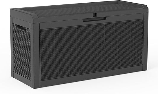 Pepe Tee Waterproof Resin Deck Box, Outdoor Storage Bin for Patio Furniture Cushions, All-Weather Garden Organizer & Seating Bench, Black