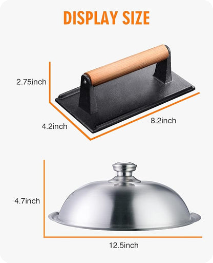 Homenote Griddle Accessories Kit for Blackstone with Dome and Burger Press | Includes a 12.5 inch 304 stainless steel dome and rectangular cast iron press for burgers, bacon, steaks, and vegetables.