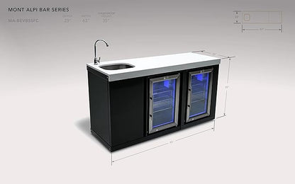 Mont Alpi Bar Series MA-BEVBSSFC Modular Black Stainless Steel Double Outdoor Rated Refrigerator Wine Cooler Beverage Center with Granite Countertops with Blue LED Lighting + Faucet & Sink