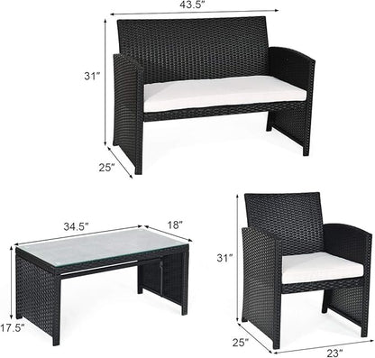 Tangkula Patio Wicker Conversation Furniture Set, Patiojoy Sofa & Table Set w/4 Seats, Outdoor Rattan Sofa Set for Balcony Backyard, Wicker Chair Set with Tempered Glass Coffee Table (2, White)