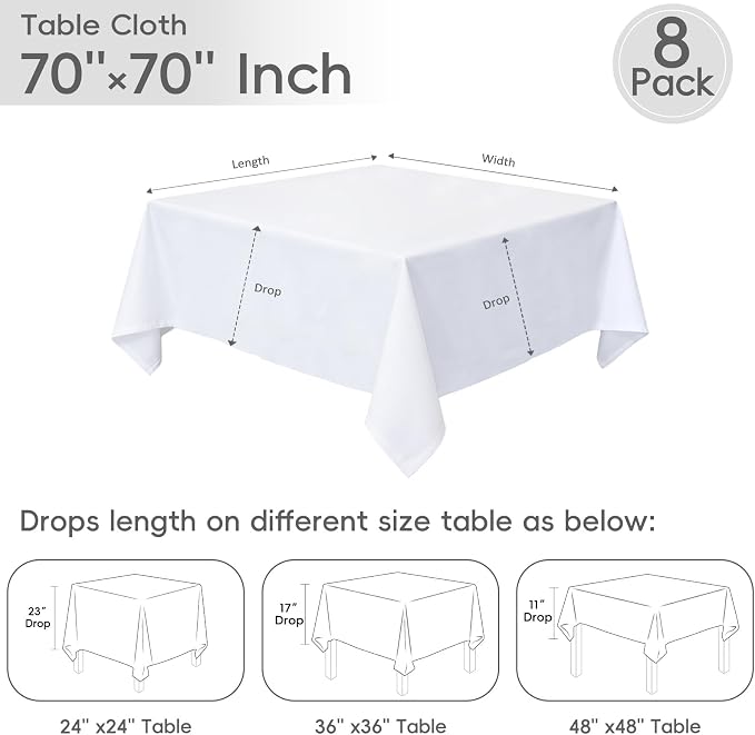 8 Pack White Square Tablecloth 70 x 70 Inch | Wrinkle Resistant, Washable, Polyester Fabric, Square Table Cloth for Dining Party Banquet Buffet Wedding