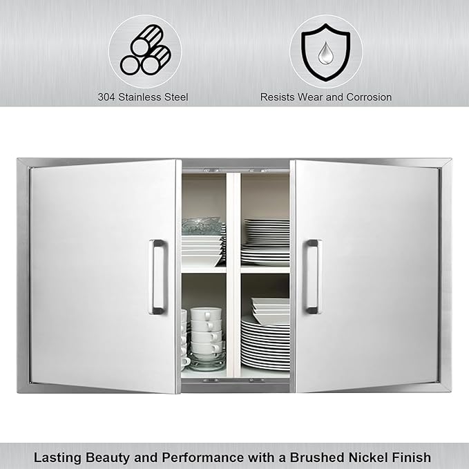 Outdoor Kitchen Doors- 42" W x 21" H - Stainless Steel BBQ Double Access Door,Flush Mount for Outdoor Kitchen and BBQ Island