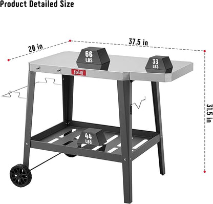 Feasto Grill Table with 31" x 19" Stainless Steel Top, Rolling Pizza Oven Stand with Foldable Extension Table, Outdoor Bar Cart for Compact Pizza Ovens & Griddles, Patio BBQ & Deck Parties, Gray