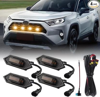 4PCS Front Grill Lights Compatible with Toyota RAV4 2020-2024 | with 4-in-1 Wire Harness & Fuse Adaptor, LED Grille Light Bar Fit for Toyota RAV4, RAV4 Accessories, Amber