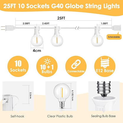 Mlambert 50FT(2x25FT) G40 LED Plug-in Outdoor String Lights 22 Bulbs, White | Plug-in Waterproof Patio Porch Lights for Backyard Party Decor, Connectable, Dimmer not included, Warm White