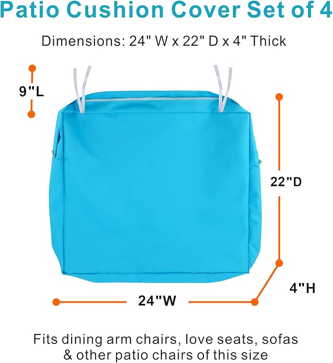 NettyPro Patio Cushion Covers Replacement Set 4 Water Repellent UV Resistant Outdoor Chair Seat Cushion Slipcover with Zipper and Tie, 24 x 22 x 4 Inch, Peacock Blue