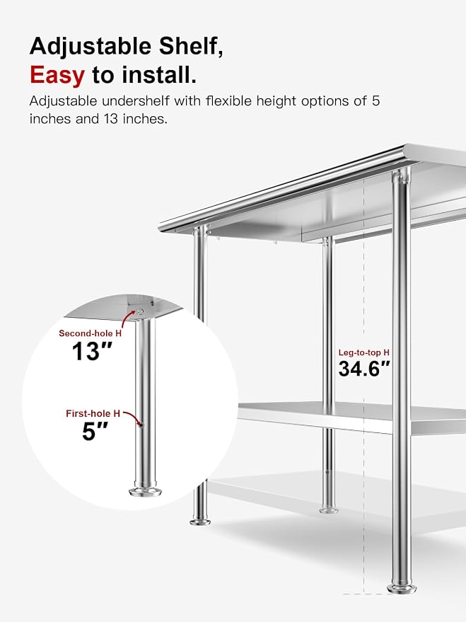Atelicf NSF Stainless Steel Prep Table 24X48 inch, Rounded Flat Top | Commercial-grade table for restaurants, kitchens, food trucks, breweries, bars, garages, and outdoor BBQ
