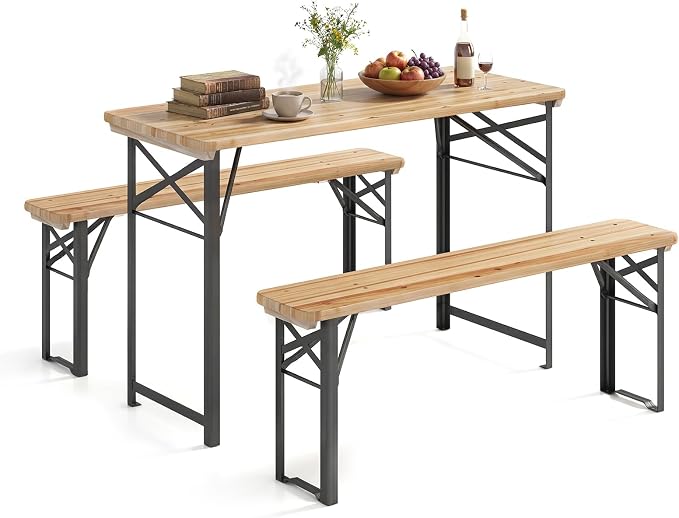 GIANTEX 47 Inch Folding Picnic Tables with Benches Set, Solid Wood Camping Beer Table Bench Set with Metal Frame, 3-Piece Portable Patio Dining Furniture, Indoor & Outdoor Folding Table and Chairs