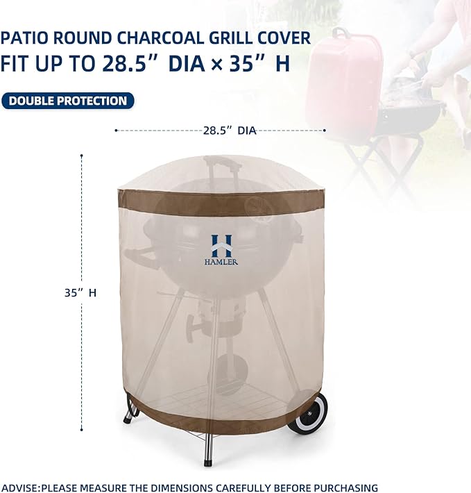 HAMLER Round Barbecue Cover, 28 Inch Small Smoker Cover, Heavy Duty Waterproof Outdoor Grill Cover Fits Weber, Charcoal Kettle, Masterbuilt, Dyna-Glo, Brown & Beige