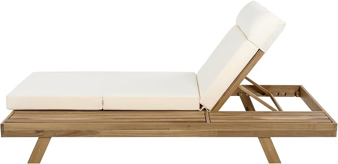 Christopher Knight Home Dami Chaise Lounge Chair Outdoor with 4'' Foldable Cushion, Acacia Wood Poolside Sun Lounger, Space Available On One Side, Adjustable Backrest Pool Lounger, Light Brown+Beige