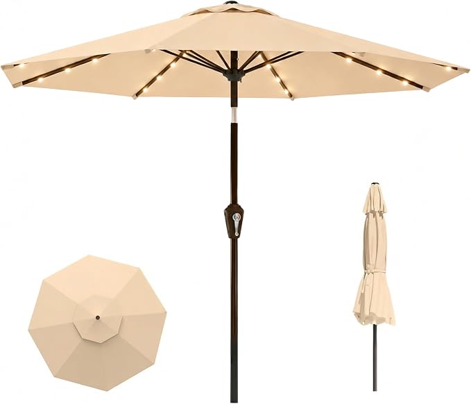 11FT Solar Lighted Patio Umbrella, Outdoor Table Market Umbrellas with Crank Lift, 32 LED Lights, 8 Sturdy Ribs, UV-Resistant for Deck, Garden, Pool
