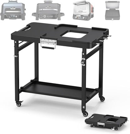 SafBbcue Grill Table for Ninja, Grill Stand for Ninja Woodfire OG700 OG800 OG900 Series & OO101, Portable Outdoor Grill Stand, Foldable Cart Table with Wheels for Ninja, Double-shelf, Hooks